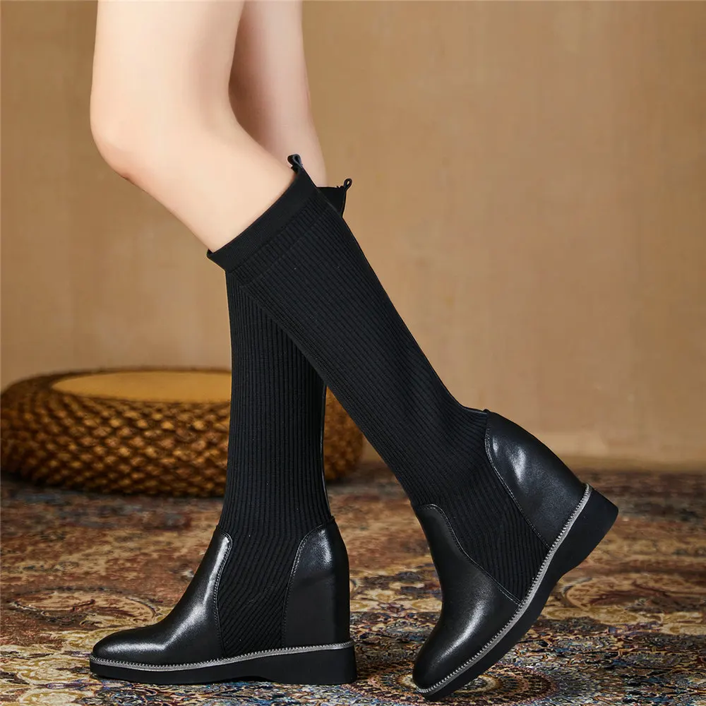 Platform Pumps Shoes Women Slip On Genuine Leather Wedges High Heel Knee High Boots Female Knitting Round Toe Thigh High Oxfords