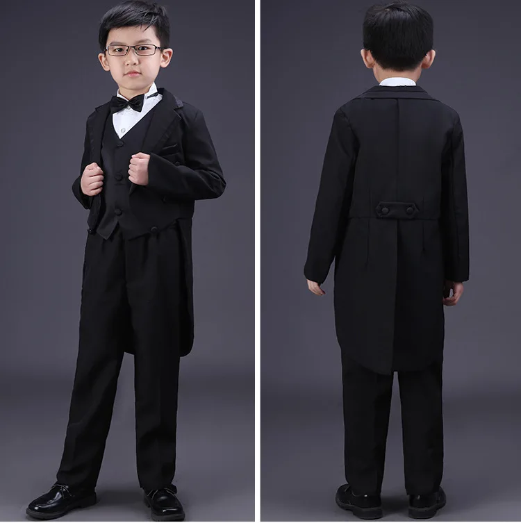 England Style Tuxedo Suits Boys Clothes Set Kids Formal Wedding Blazer Swallow-tailed Coat Kids Party Bow Tie Clothing 5pcs/set