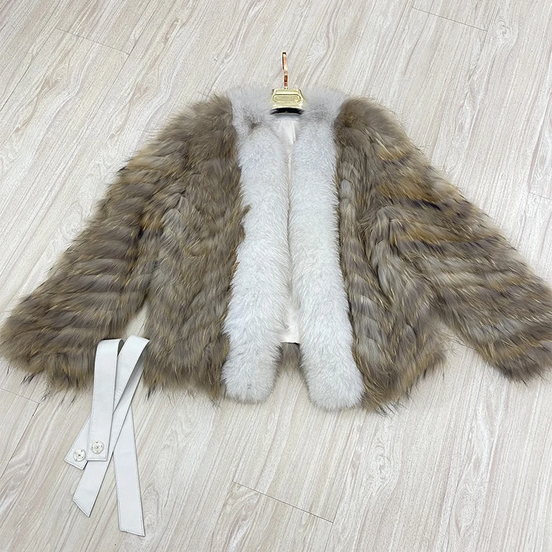 New Arrival moda kobiety ciepłe prawdziwy szop futro pasek szyte Toghter Oversize luźne zimowe kołnierz z prawdziwego futra lisów płaszcz