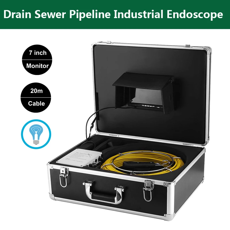 

7inch Display Drain Sewer Pipeline Industrial Endoscope Inspection System 20m Cable 23mm Camera Head With 12pcs Adjustable LEDS