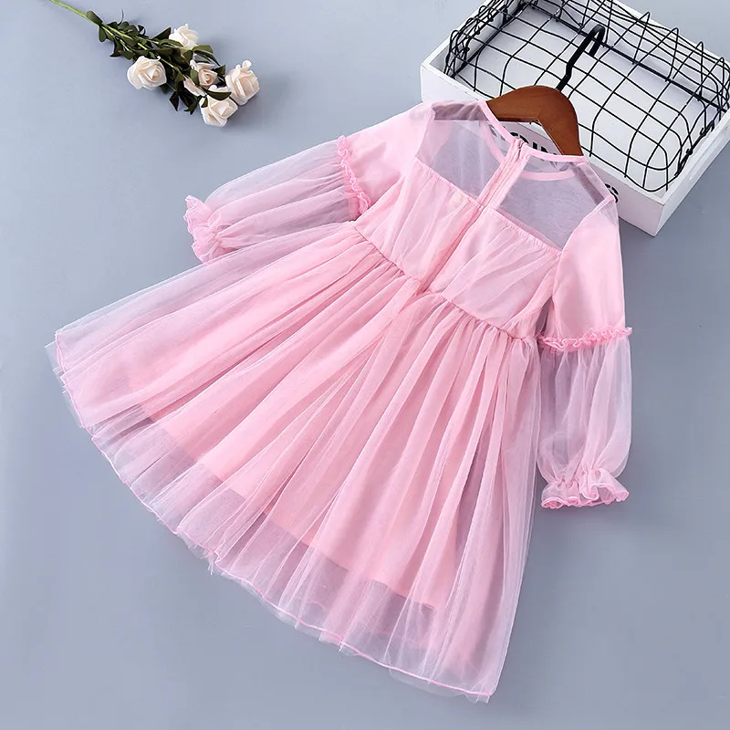 Humor Bear Girls Dress Spring Autumn Long Sleeve Cartoon  Printed Princess  Sweet  Mesh Yarn Children Clothes