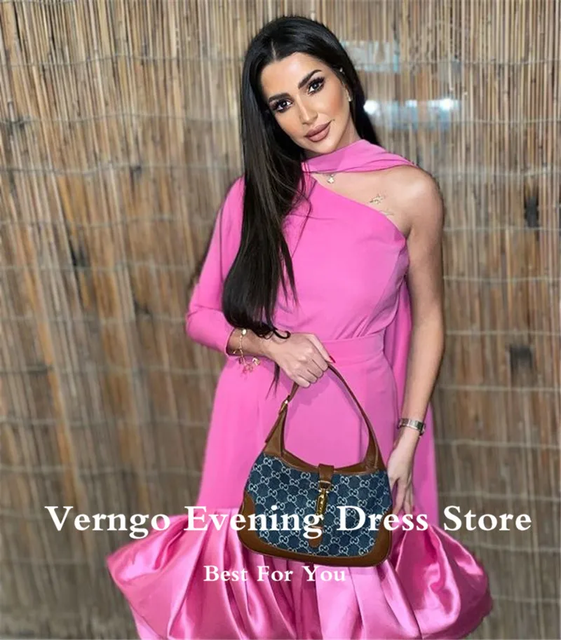 Verngo simples rosa vestidos de baile um ombro manga longa cetim chá comprimento vestidos de noite arabric feminino vestido de festa plus size