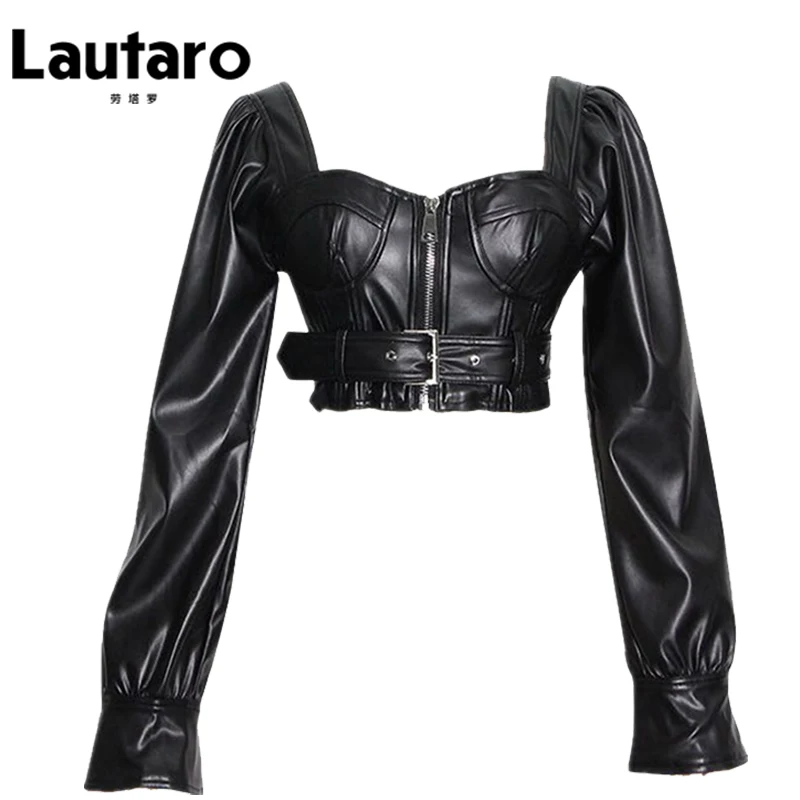 Lautaro Y2k Black Faux Leather Crop Top Women Square Neck Long Sleeve Zipper Cropped Jacket 2021 Sexy Backless Fashion 5xl 6xl