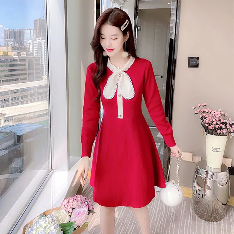 2021 New Autumn Winter Fashion Women Midi Dress Casual Lady Vintage Elegant Long Sleeve Slim Sweater Dresses