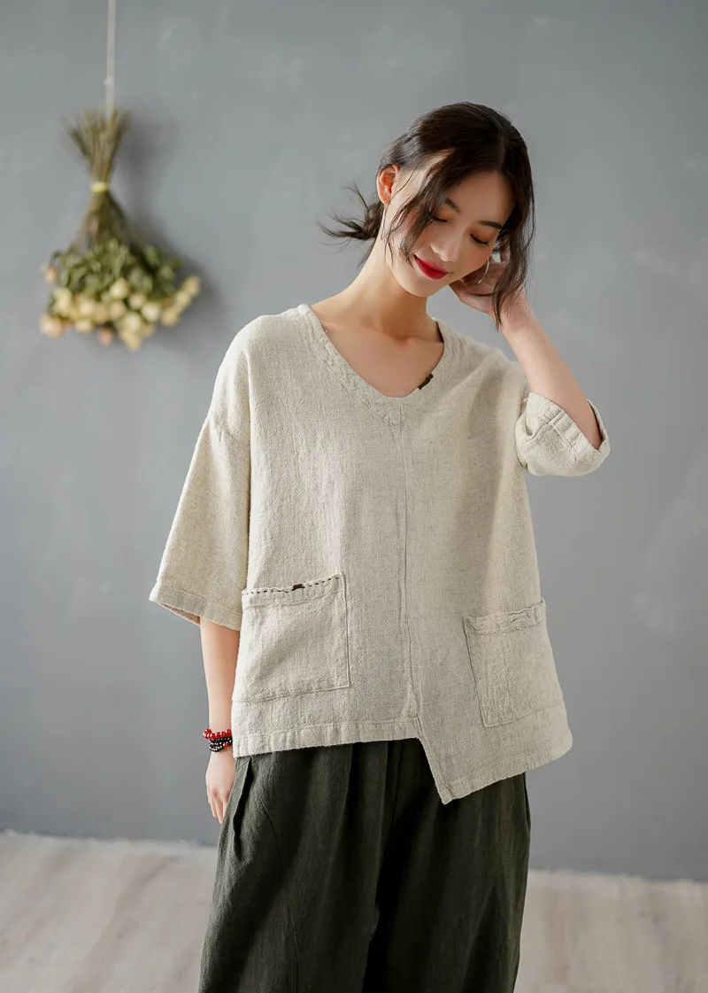 Shanghai Story Women Cotton Linen Casual Loose Shirt Solid 3/4 Sleeve Blouse Tops with Pocket 2 Color