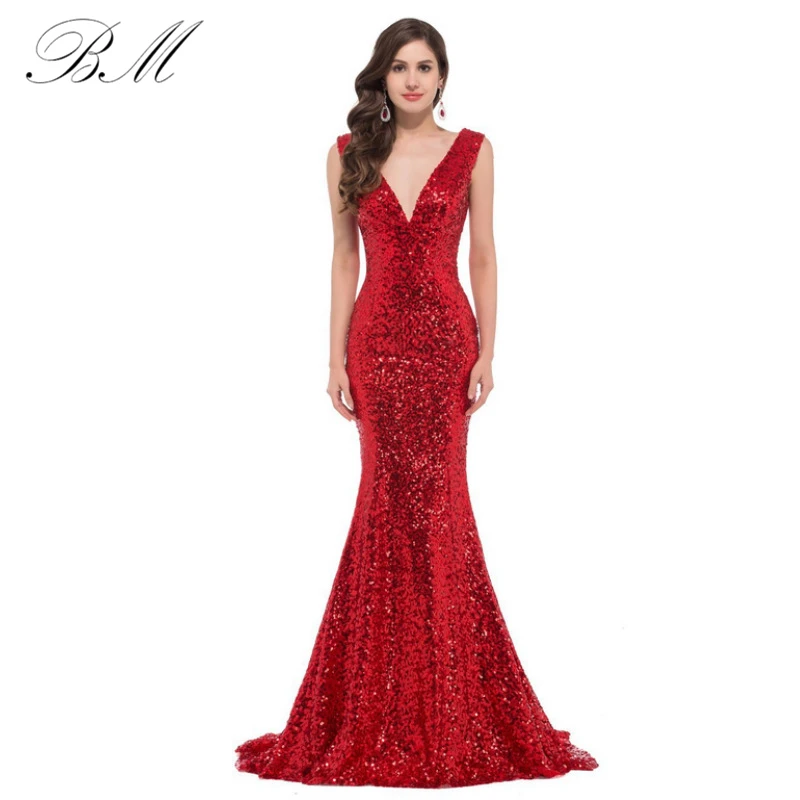 Elegant Red Yellow Sequin V Neck Prom Dresses 2021 Mermaid Lace Formal Party Evening for Women Robe De Soiree In Stock