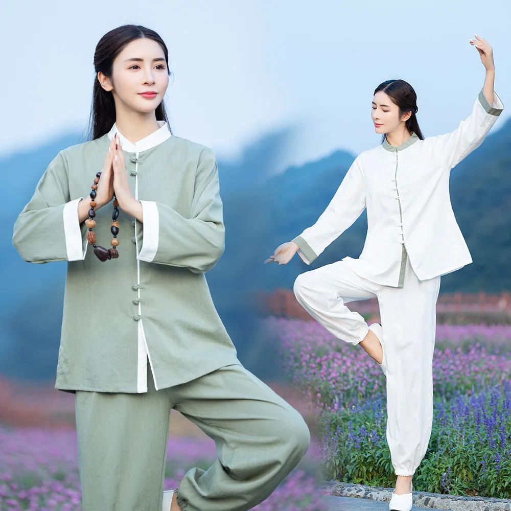 Tai Chi Suit Women New Spring Autumn Cotton and Linen Zen Tea Clothes Yoga Clothes Acrobatics Two-piece Kungfu Clothing