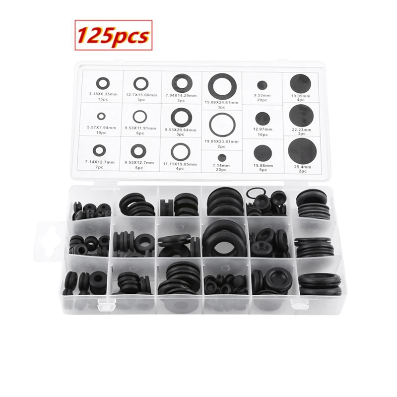 125Pcs/box Rubber O Ring Gaskets Grommet Firewall Hole Plug Washer Set Electrical Wire Gasket Assortment Kit 18 Sizes