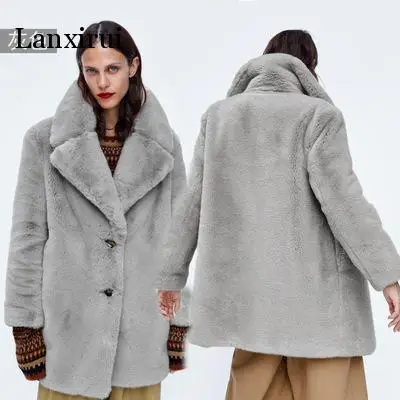 Mid-Length Fur Coat Female Winter Fashion New Imitation Rex Rabbit Fur Lapel Long-Sleeved Warmth Loose Fur Coat