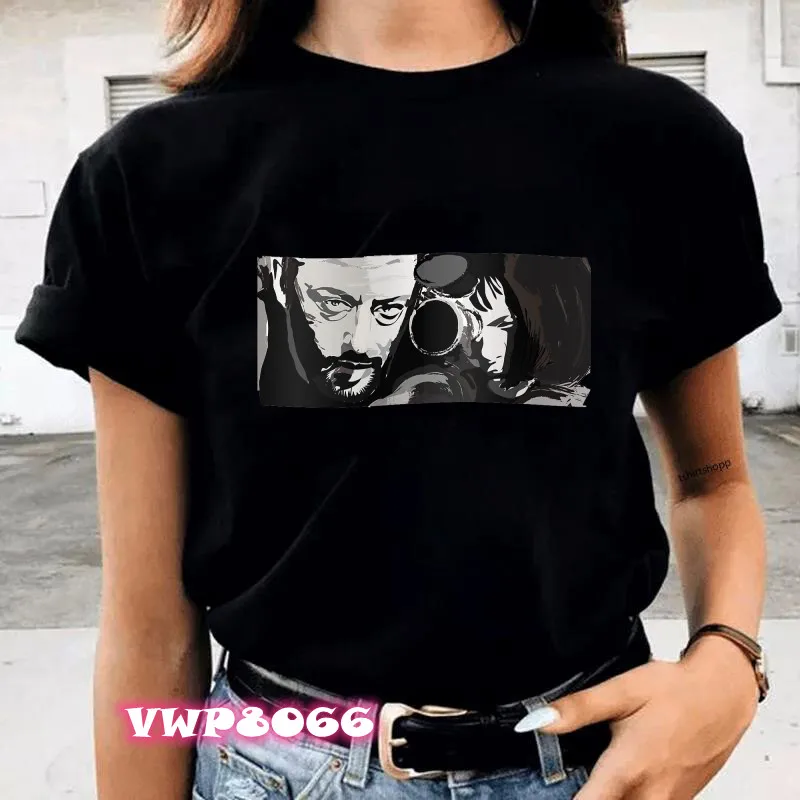 Funny Cartoon Print Leon The Professional T Shirt Women Movie Tshirt Women Graphic Black Tees Female T-shirt Fashion Woman Tops