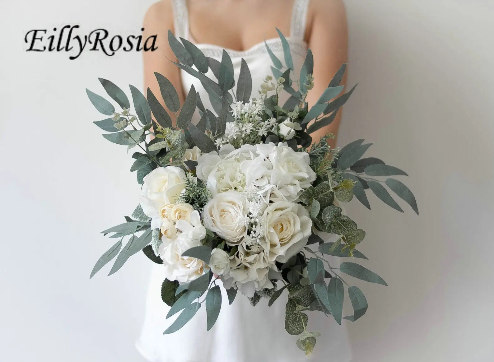 EillyRosia Cream White Rustic Bride Bouquet for Photography Artificial Country Wedding Bouquet Bridesmaid Holding Flowers