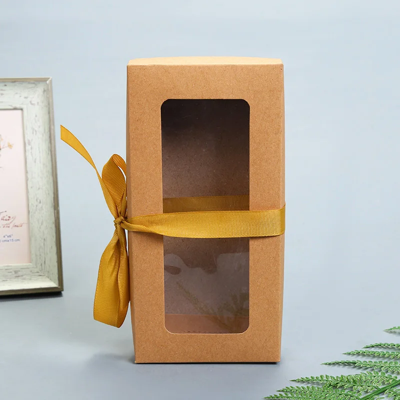 100Pcs/Lot Brown Kraft Paper Box With Window Gift Box With Silk Ribbon Packaging Carton Paperboard Box Packaging Box