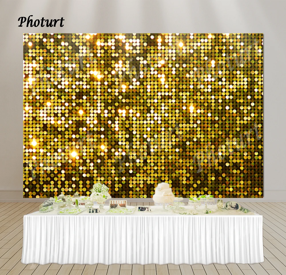 

PHOTURT Glitter Backdrop for Retro 80s 90s Disco Party Gold Silver Sequin Portrait Photoshoot Photography Background Picture