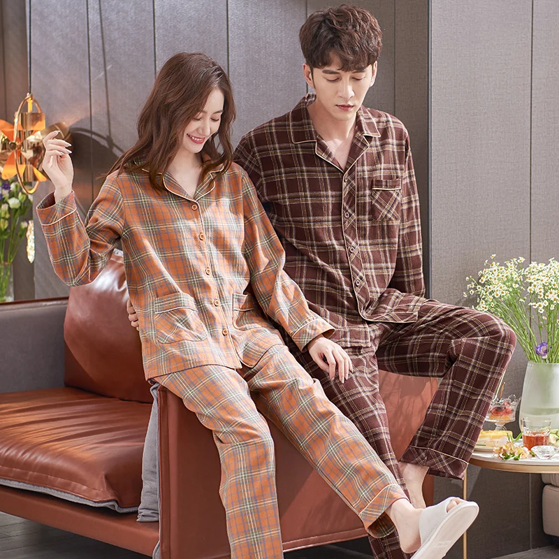 Lovers Woven Full Cotton Pajamas Cardigan Plaid Pajama Sets Sleepwear Long Sleeve Tops + Pants Pajamas Home Clothing Pyjamas