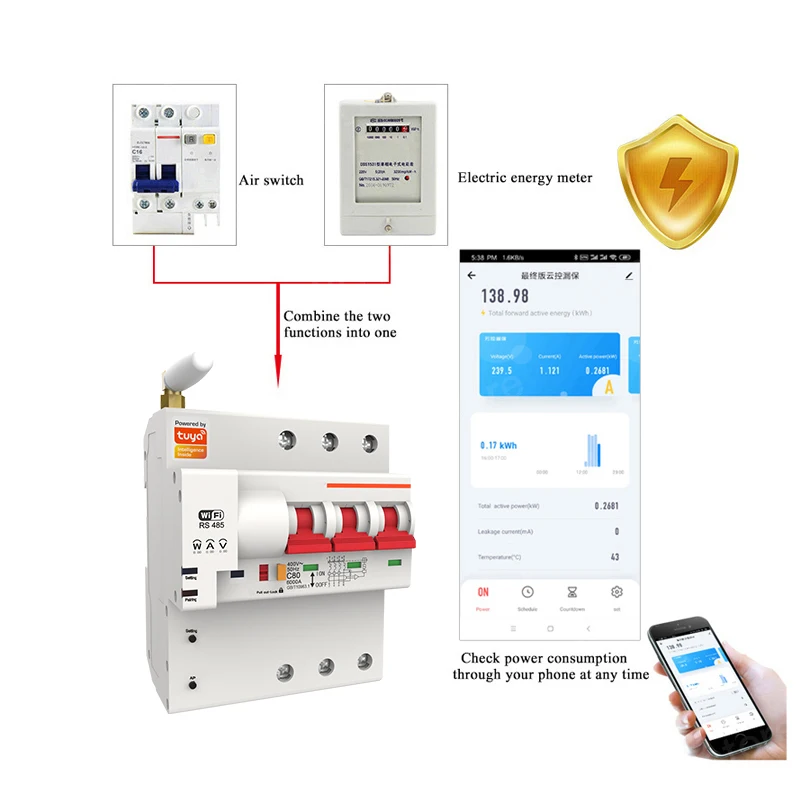 16A-125A 3P WiFi Circuit Breaker with Power Monitoring Timer Wireless Control Work With Google Home Alexa