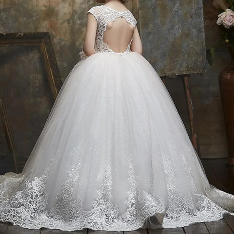 

Cap Sleeves Ball Gown Flower Girl Dress 2020 Keyhole Back Sweep Train Toddler Infant First Communion Dress for Kids