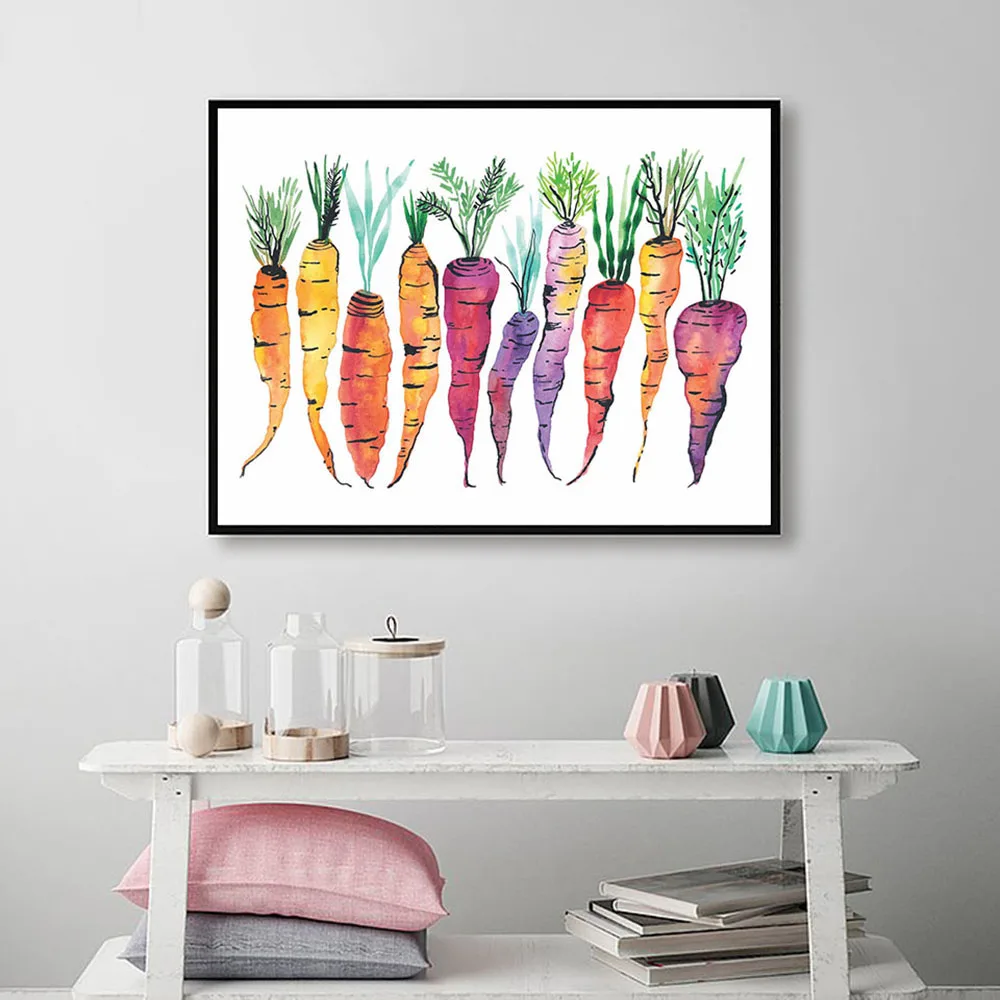Watercolor Carrots Rainbow Heirloom Vegetable Poster Nordic Style Wall Art Canvas Print Painting Modern Kitchen Decoration