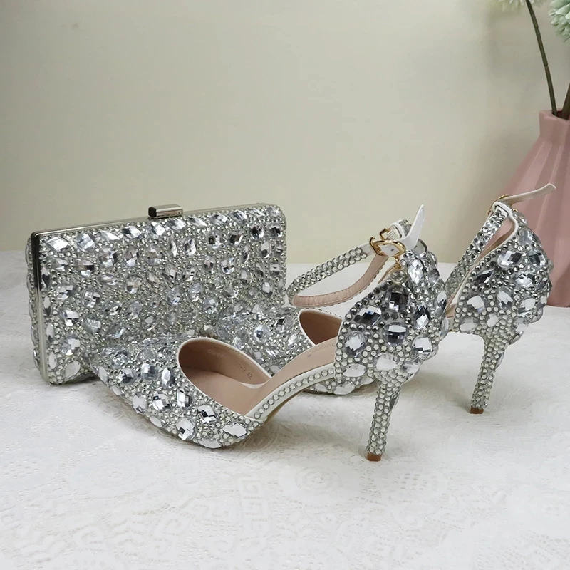 New Luxury Silver Crystal Sandals Bridal Wedding High Heels Women\'s Party Dress And Bag Set Pointed Toe Thin Heels Rhinestone