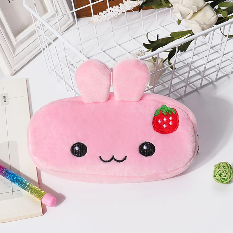 Estuche de lápices de dibujos animados Kawaii para niños y niñas, bolsa de lápices de felpa con mango bonito, suministros escolares, bolsa de