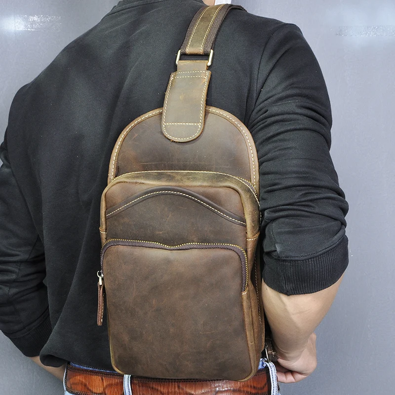 New Crazy horse Leather men Casual Fashion Travel Daypack Chest Sling Bag Design One Shoulder Strap Crossbody Bag Male 9977-d