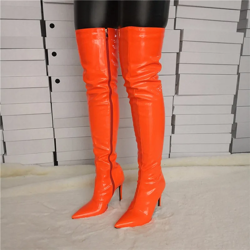 Real Photo Sexy Ladies Orange Stiletto Leather Women Thigh High Crotch Boots Latex High Heel Women's winter Spring Shoe Overknee