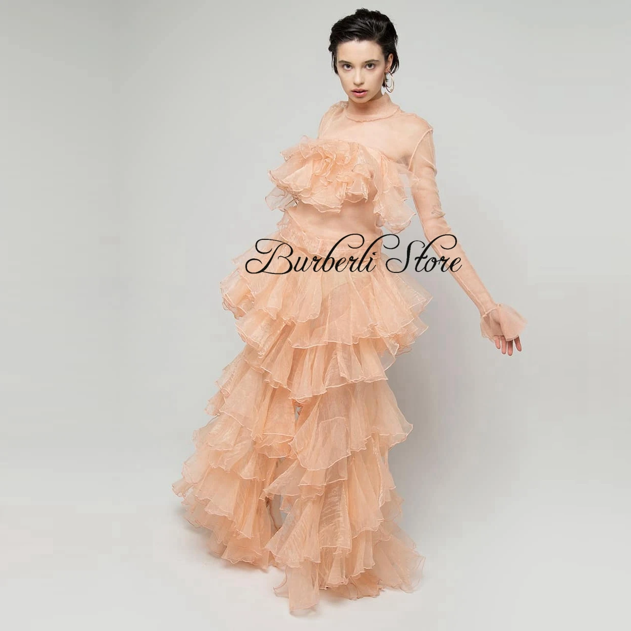 Trendy Two Pieces Nude Pink Ruffles Tulle Women Sets Pants And Long Sleeves Top Summer Women Set Female Clothing Custom Made