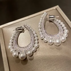 Bilincolor Silver Color CZ Oval with White Pearl Special Design Earring for Women Gift