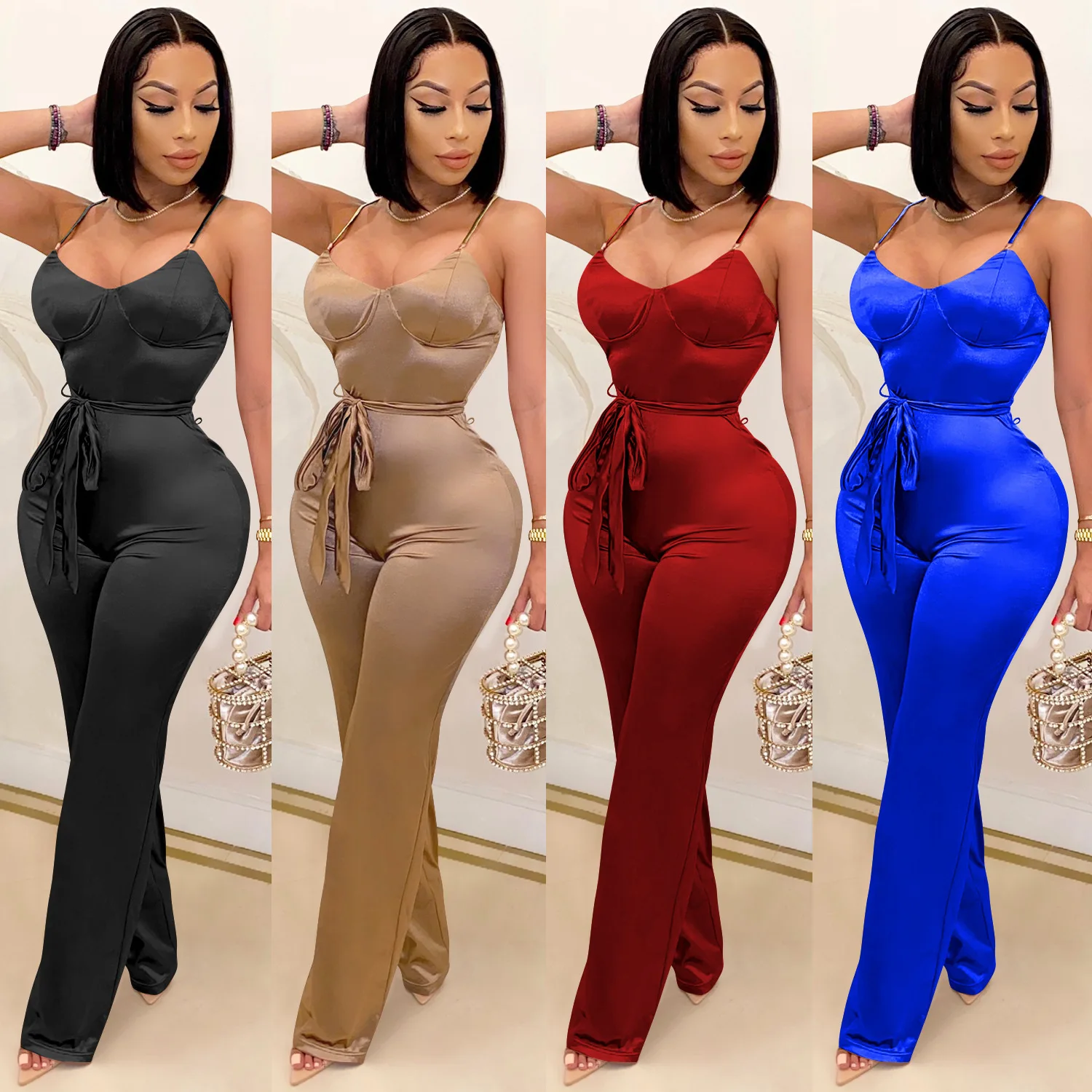 New Women Spaghetti Strap Sleeveless Straight Jumpsuit Women Sexy Club Open Back High Waist Rompers One Piece Overalls