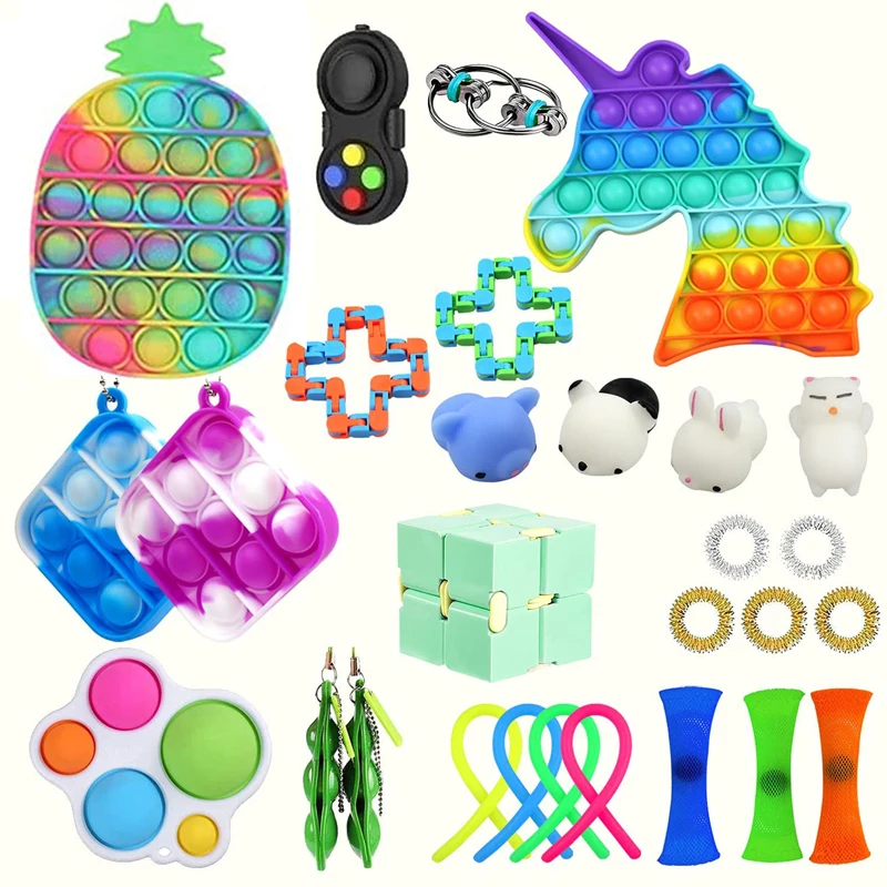 28PCS Fidget Toys Pack Antistress Set Stress Reliever Push Bubble Pineapple Shape Stretchy Strings Gift Squishy Keychain Decor