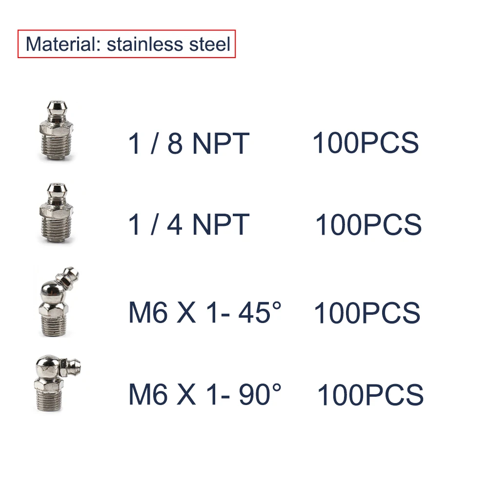 

304 stainless steel M6x1 1/4 NPT 1/8 NPT Standard Male Thread Oil Grease Nipples Fittings for Grease Gun Nozzles