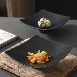 Matte Dinner Plates, Square Dishes, Black Ceramic Plate, Household Tableware, Retro Grilled Meat Dish, 7.5 Inches