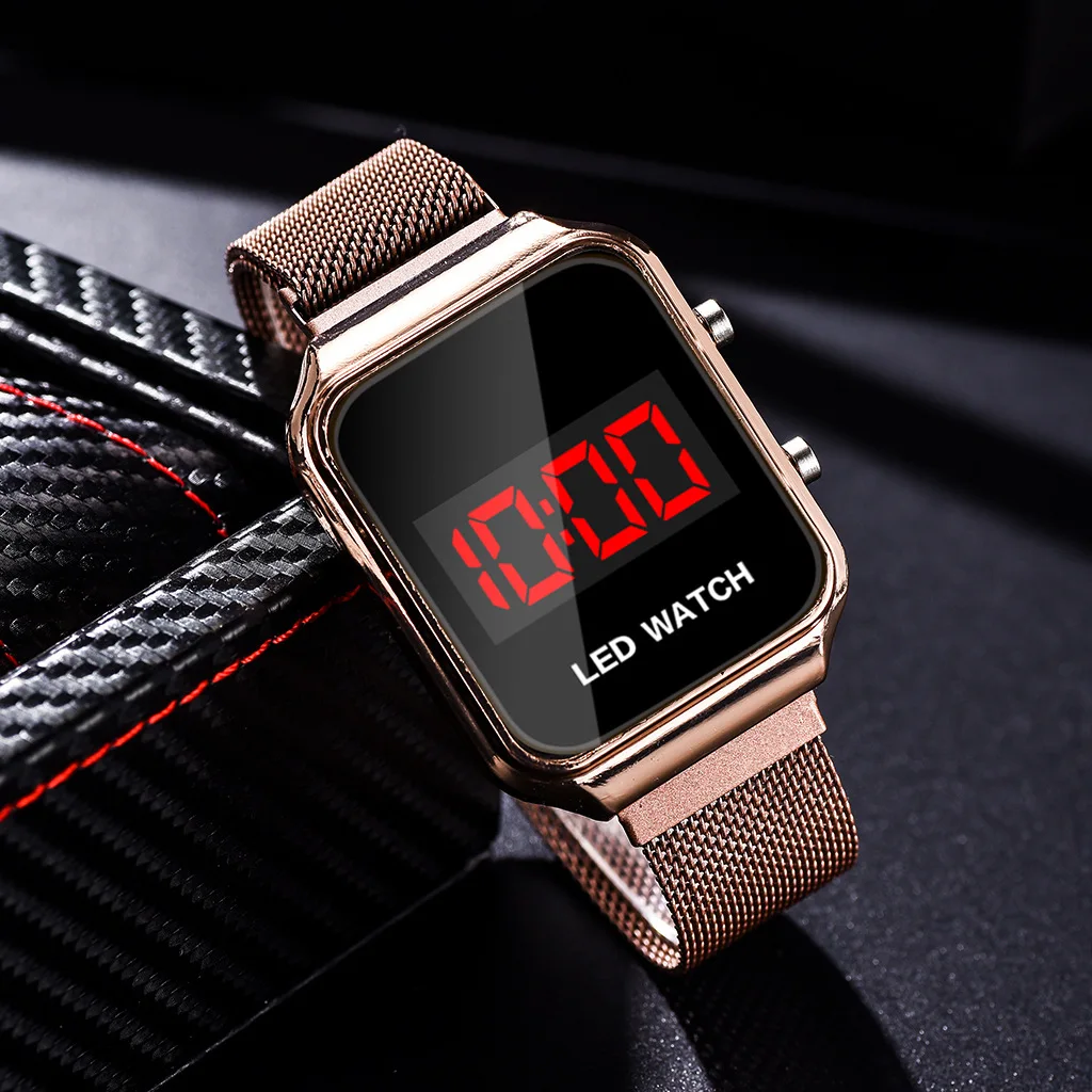 

2022 Men Casual Sports Watches Fashion Rectangle Dial LED Digital Electronic Watches Men Rose Gold Mesh Band Magnetic Watches