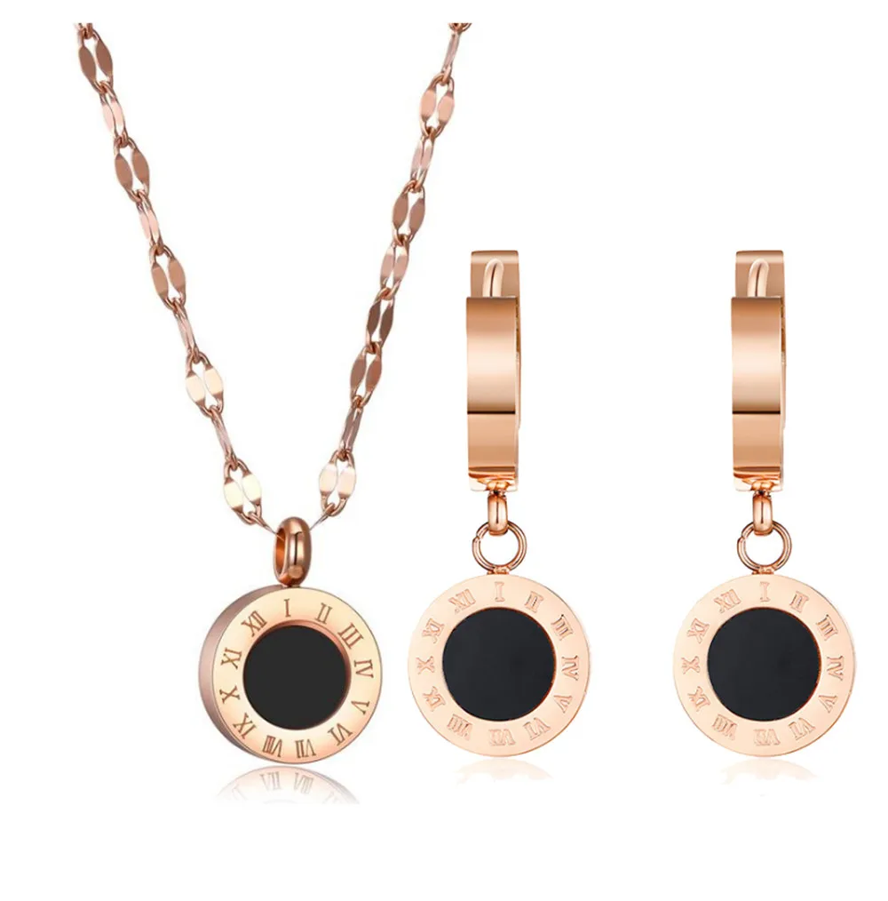 Fashion Black Round Stainless Steel Necklace Earring Set Rose Gold Color Roman Numeral Wedding Jewelry Set For Women Wholesale