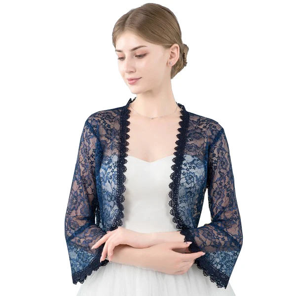 Elegant 2022 New Shares of women / girls 3/4 long sleeve Black Blue Wine Red lace shoulders cropped bolero jacket wedding wraps