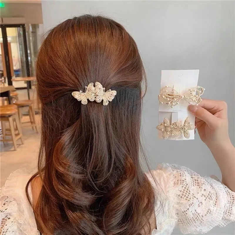 2024 New Headdress Pearl Flower Spring Clip Multilayer Bow Hairpin Double Butterfly Net Red Clip Hairpin