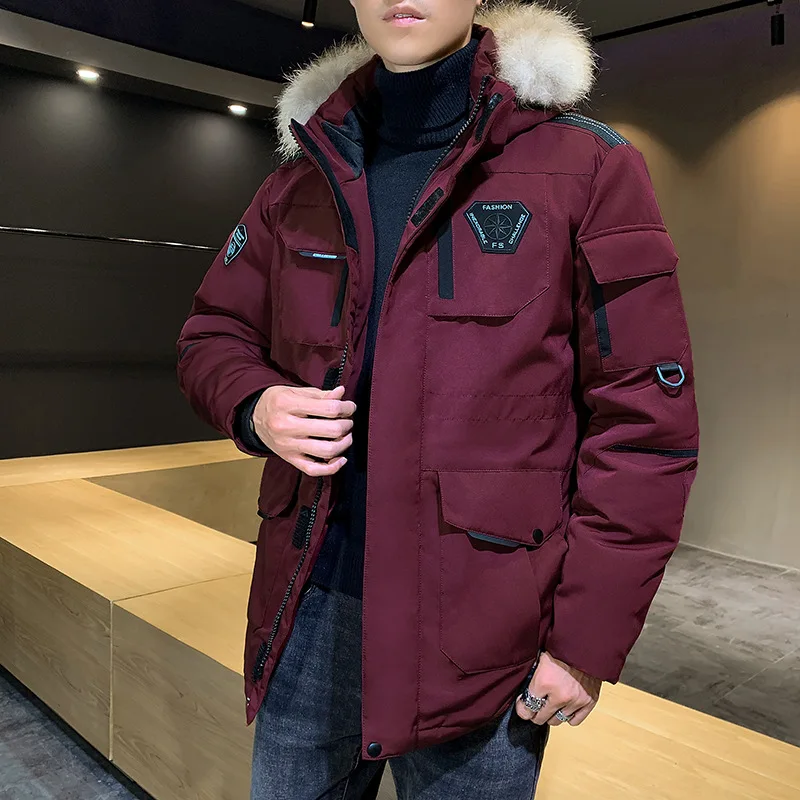 

Warm White Duck Down Parka Mens Winter Jacket Multi-pockets Hooded Jacket Male Casual Fur Trim Men's Mid-length Coat Jaquetas