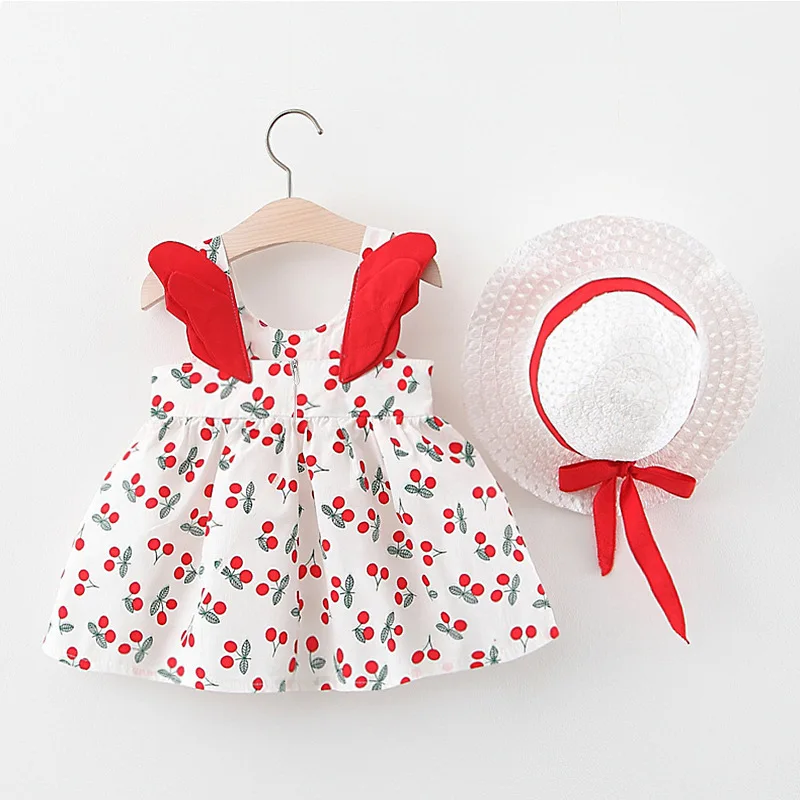 2pcs Summer Toddler Girls Clothes Set Baby Beach Dresses Cute Wings Floral Dots Sleeveless Dress Newborn Princess Dress Sun Hats