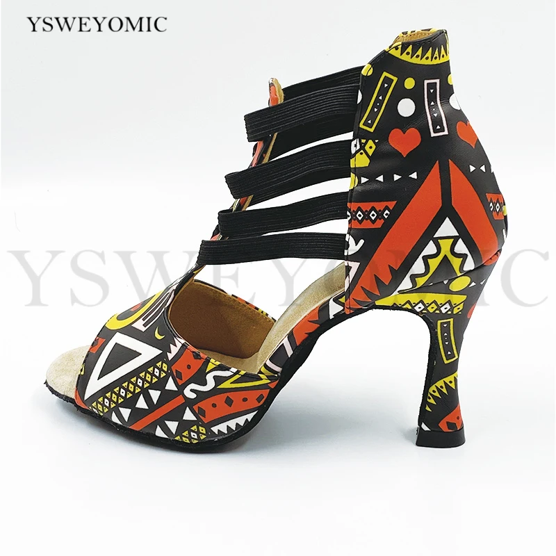 2020 New Salsa Dance Shoes Women African Print Leather Comfortable Heel Customized Suede Outsole Girls Bachata Latin Dance Shoes