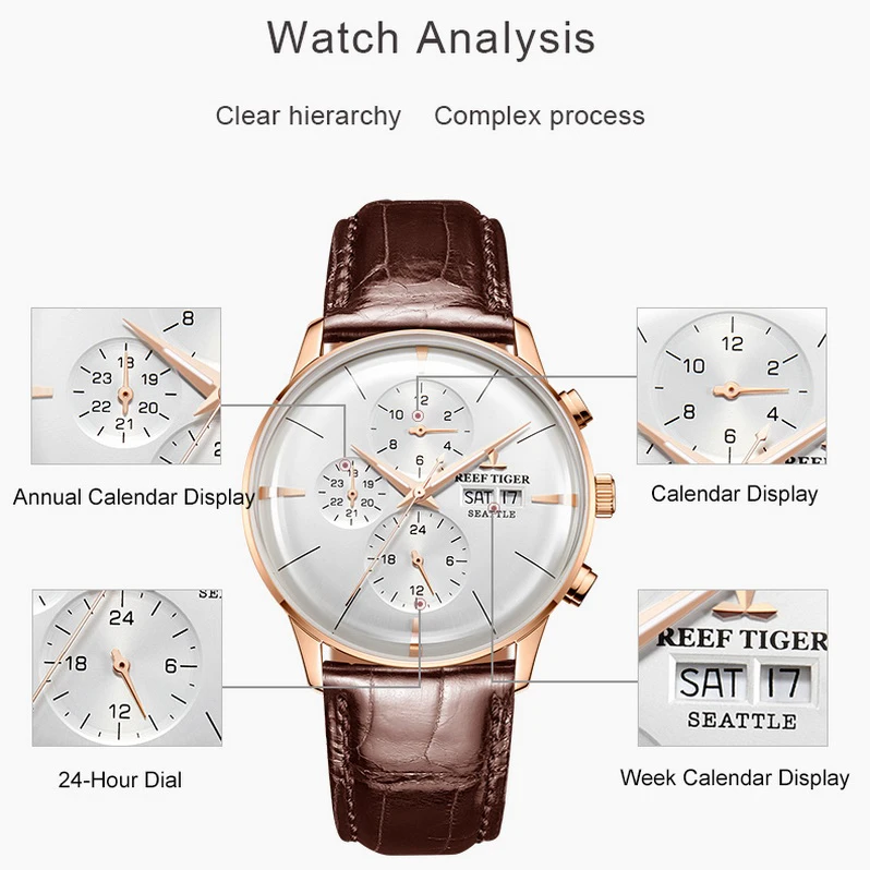 Męski zegarek automatyczny Reef Tiger 42MM, samonakręcający się, mechaniczny zegarek na rękę, wielo-funkcyjna tarcza, miesiąc, tydzień, data, szkło szafirowe typu bubble.