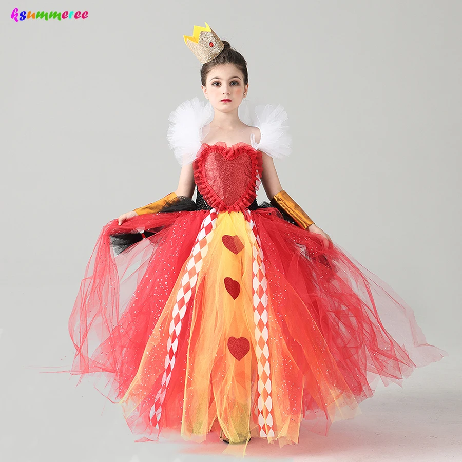 

Girl Queen of Hearts Costume Wonderland Fairy Tale Fancy Dress Sparkly Kids Evil Red Queen Tutu Dress Halloween Villain Clothes