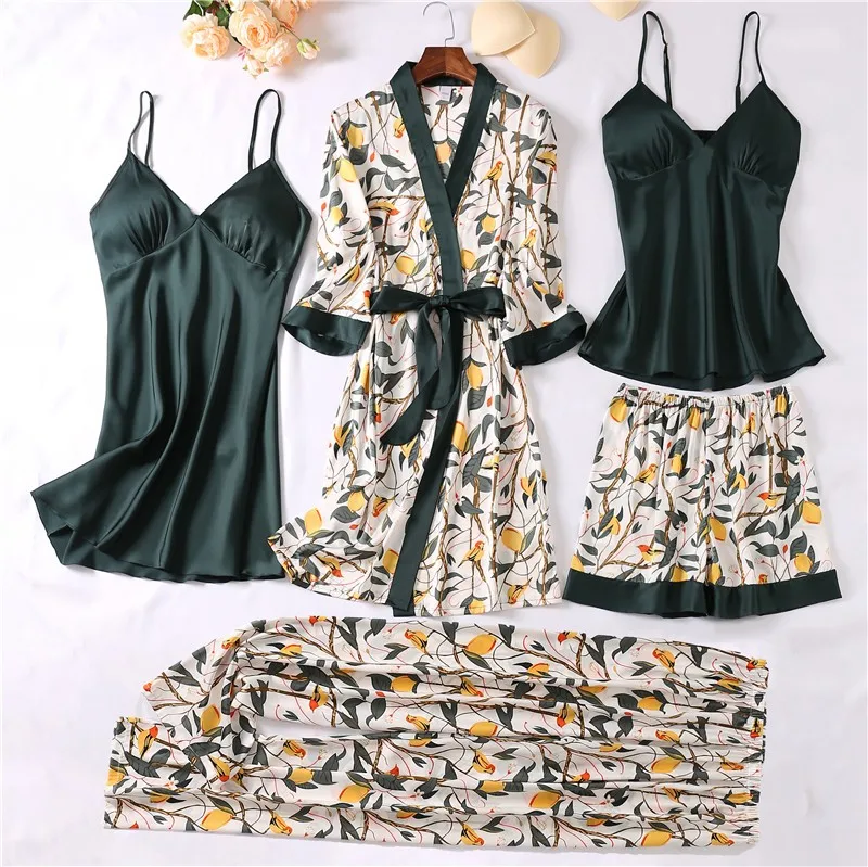 Women Robe Sets Sexy Sleepwear Satin Silky Nightwear Kimono Bathrobe Gown Print Flower Intimate Lingerie Loungewear