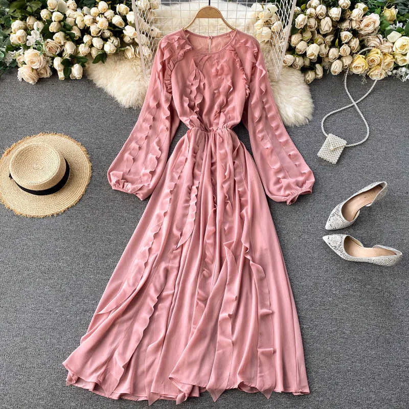 Women Design Korean Maxi Dress Autumn Sweet O Neck Puff Sleeve A-line Dress Elegant Fashion Streetwear Long Dresses