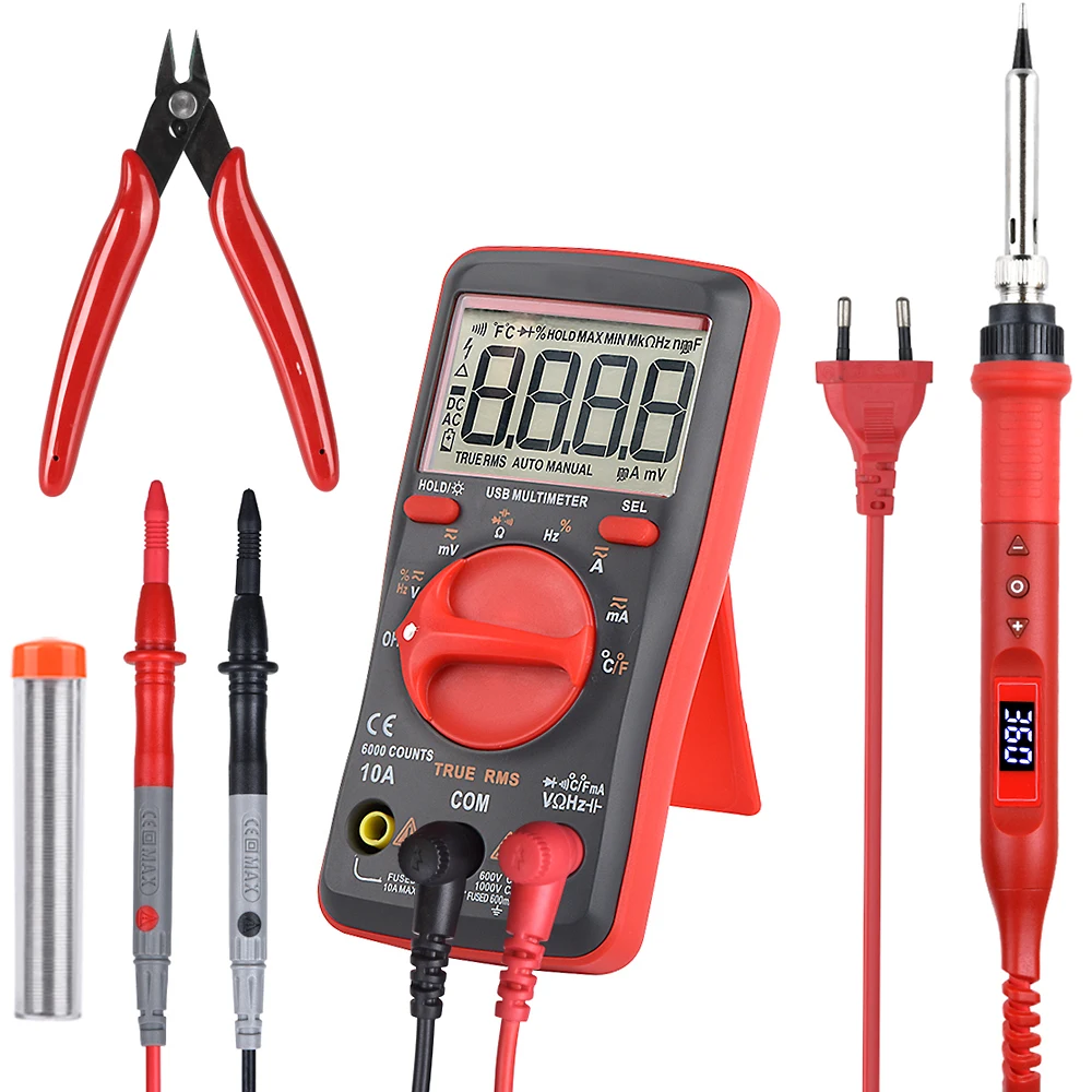 

QHTITEC Multimeter Tester Digital T-RMS Auto Ranging 6000 Counts Voltage Temperature Tester Tin Wires Soldering Iron Tool Set