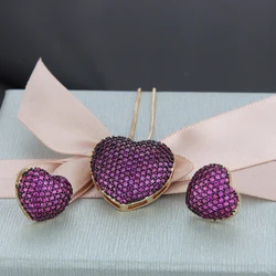 SUNSLL Fashion Heart Multicolor Cubic Zirconia Pendant Necklaces And Stud Earrings For Women Girls Love Party Jewelry Sets