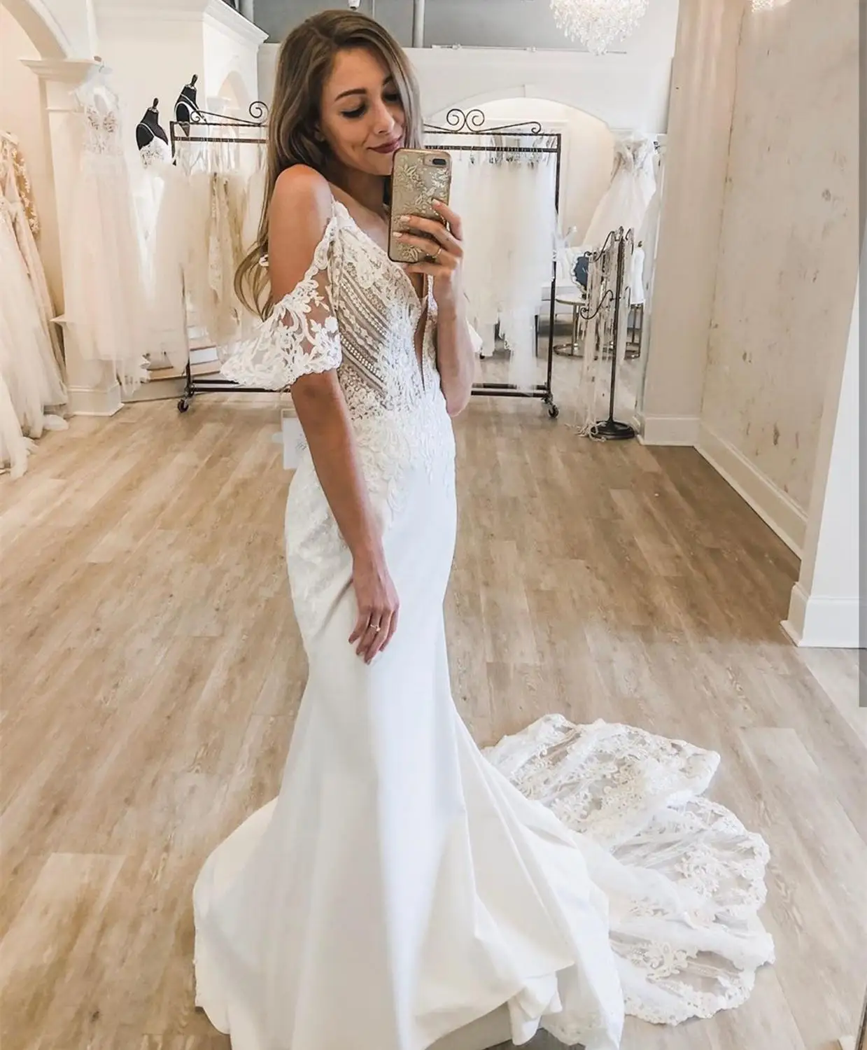 Vestido de casamento sexy sereia decote em v profundo com trem de varredura sem mangas cetim branco cinta de espaguete vestidos de noiva feitos sob encomenda