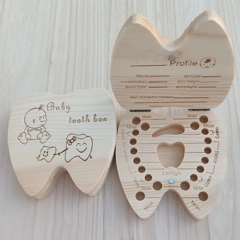 Teeth Shape Wooden Baby Teeth Box Organizer Milk Teeth Storage Collector Kids Teeth Umbilica Lanugo Save Box English / Spanish