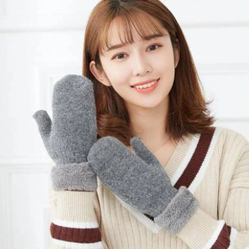 Korean Women Wool Cashmere Knit Warm Mitten Female Winter Plus Velvet Thicken Double Layer Plush Full Finger Driving Gloves I81