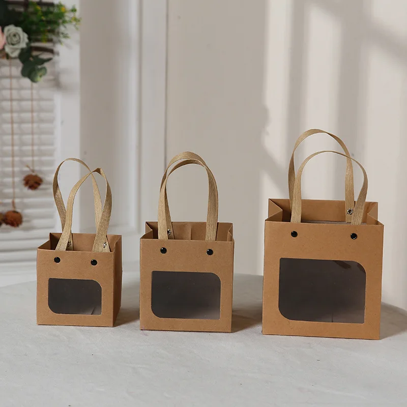 Kraft Paper Bag for Gift Packaging, Simple Open Window Gift Bag, Square Bottom, Party Decoration, Portable, 10PCs