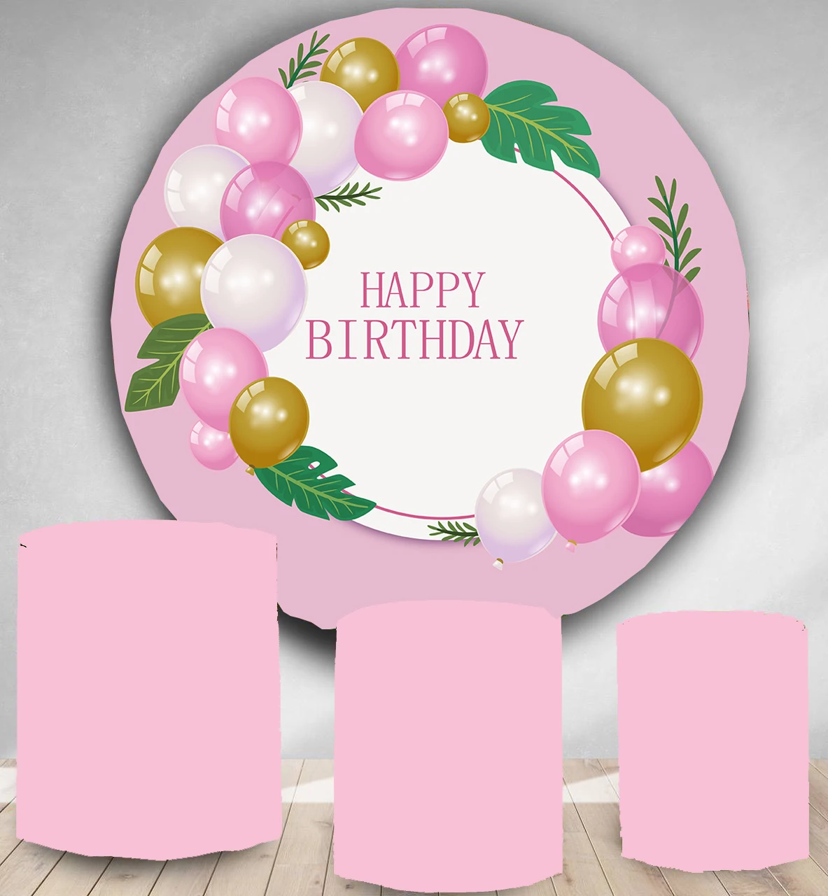 

Round Circle backdrop background pink balloon Tropical plant leaves birthday party decor baby shower candy table cover YY-107