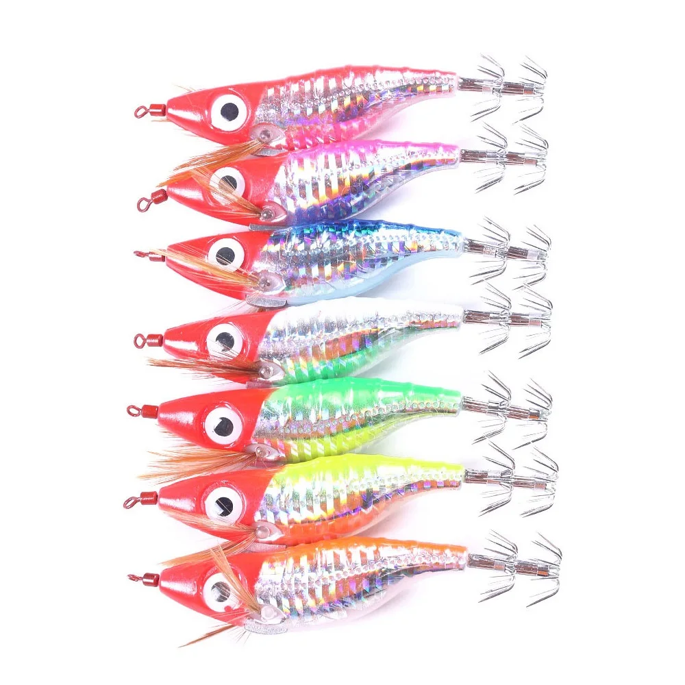 

Wooden Shrimp Jigging Fishing Lures, Artificial Bait, Luminous Squid Cuttlefish Bait, 10cm, 9G, 7Pcs